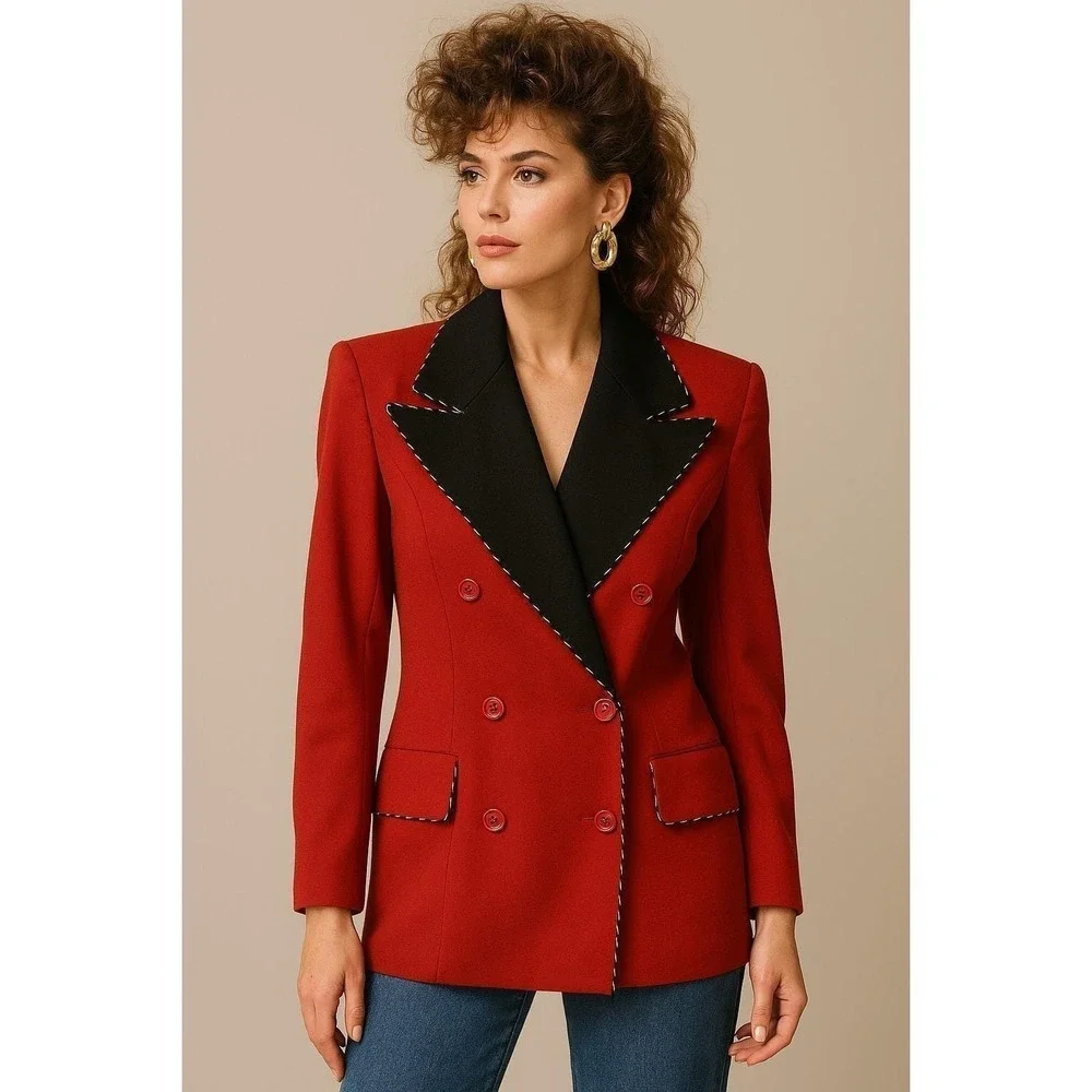 Vtg Myrene de Premonvile Womens Jacket Blazer 38 Red Black Wool‎ 80s Maximalist